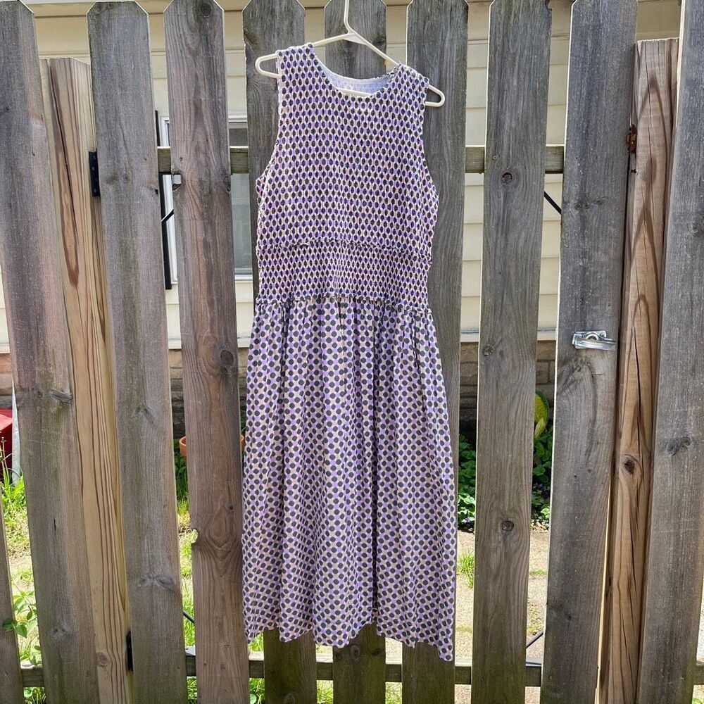 ON 34th Smocked Geo Print Midi Dress XL Cotton Modal Pockets Cottagecore